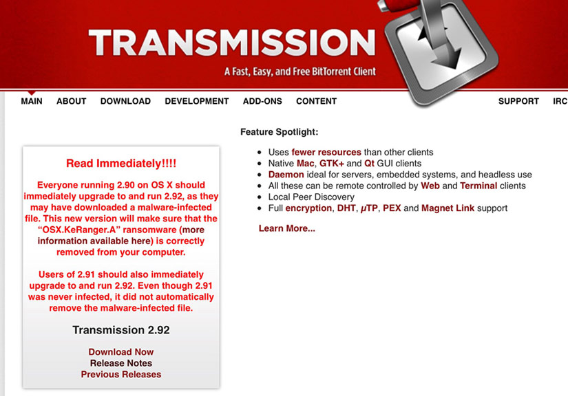 Transmission cảnh báo người dùng cần nâng cấp để ngăn chặn KeRanger.