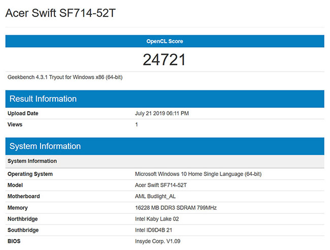 Đánh giá nhanh hiệu năng của máy bằng phần mềm Geekbench 4, Swift 7 đạt được 24.721 điểm.