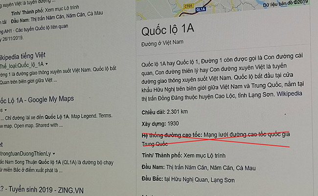 Google ghi quốc lộ 1A thuộc mạng lưới cao tốc Trung Quốc?