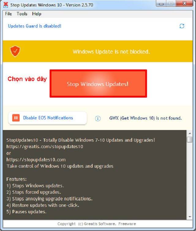tắt update windows 10 bằng phần mềm Stopupdate10