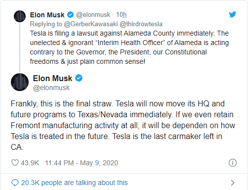 Elon Musk tức giận: Tesla sẽ ngay lập tức rời California sau khi hết dịch Covid-19 - Ảnh 1.