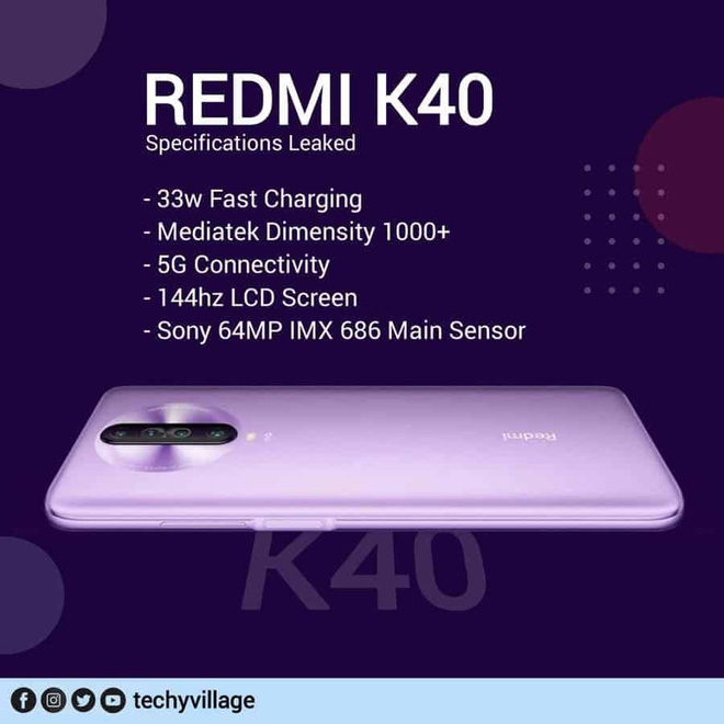 redmi k40 lo cau hinh khung man hinh 144hz chip dimensity 1000 ho tro 5g sac nhanh 33w 1