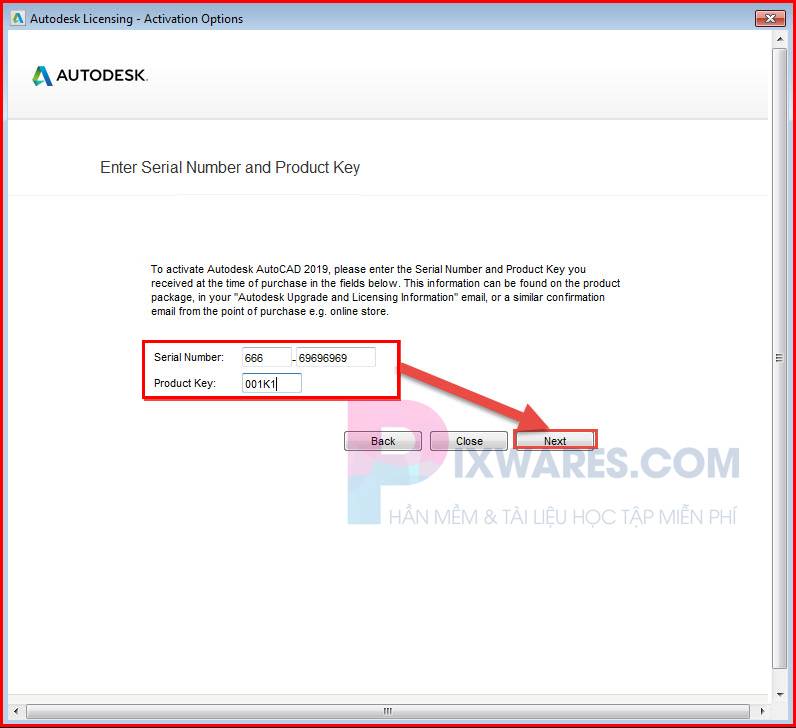 tren cua so autocad 2019 bam nhap so serial number va product key 12