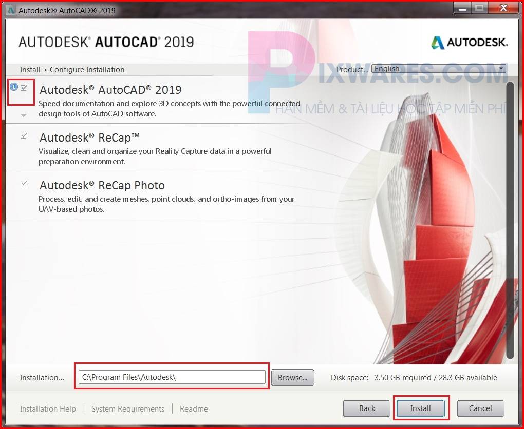 tren cua so cai dat autocad 2019 chon o dia cai dat xong bam install 5