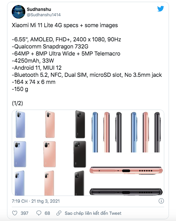 ro ri cau hinh xiaomi mi 11 lite 4g chip snapdragon 732g man hinh amoled 90hz sac nhanh 33w 2