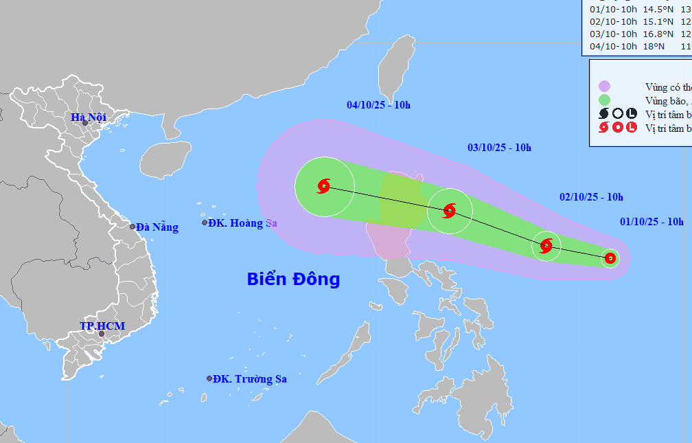 Dự báo hướng đi của áp thấp nhiệt đới ngày 1/10. Ảnh: NCHMF